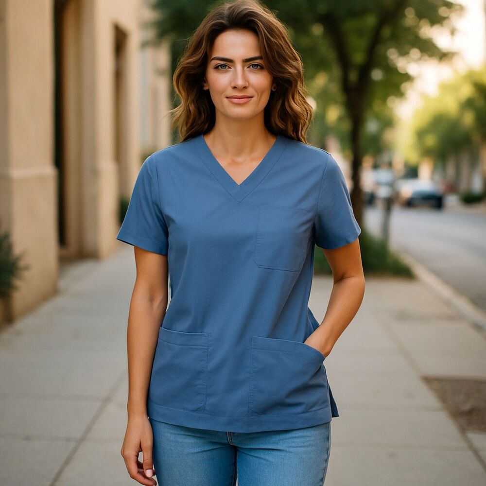 Authentic Cherokee Scrub Top Women's Large Navy Blue Cotton Stretch Short Sleeve